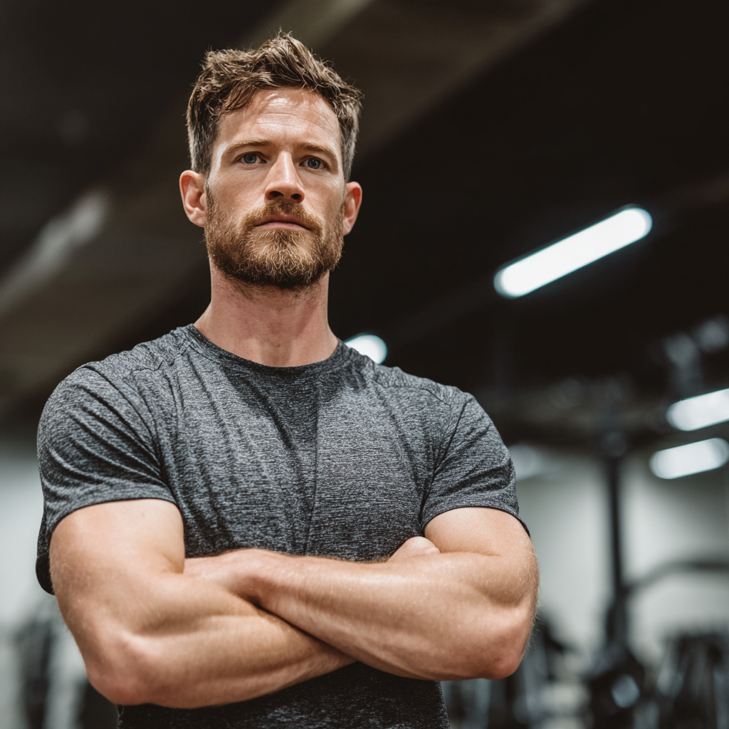 Confident athletic man in modern gym setting, focused and determined during strength training