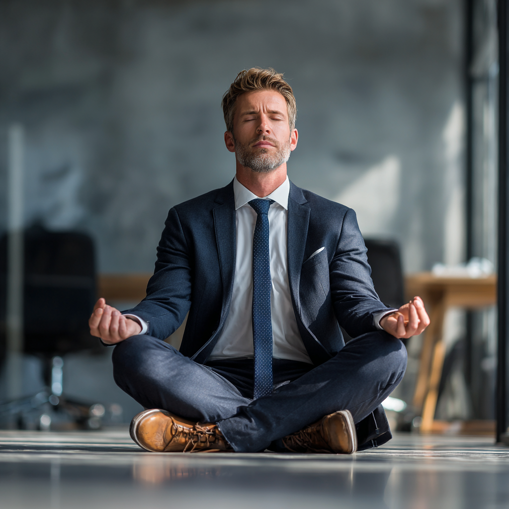 Focused businessman in suit meditating in modern office environment, representing mental strength and mindfulness
