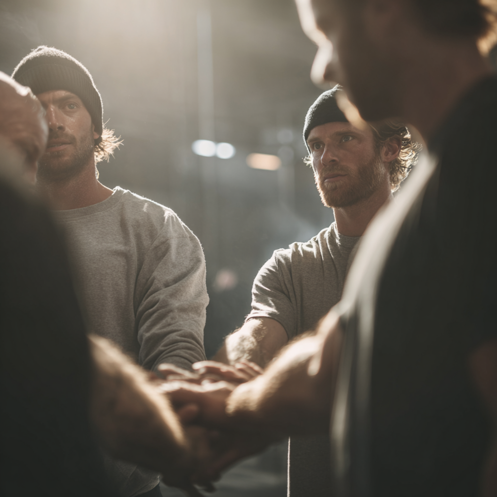 Group of diverse men supporting each other during outdoor fitness training, showing teamwork and community spirit